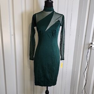 Tadashi Shoji Vintage Dark Green Mesh Insert Long Sleeve Dress Size Small